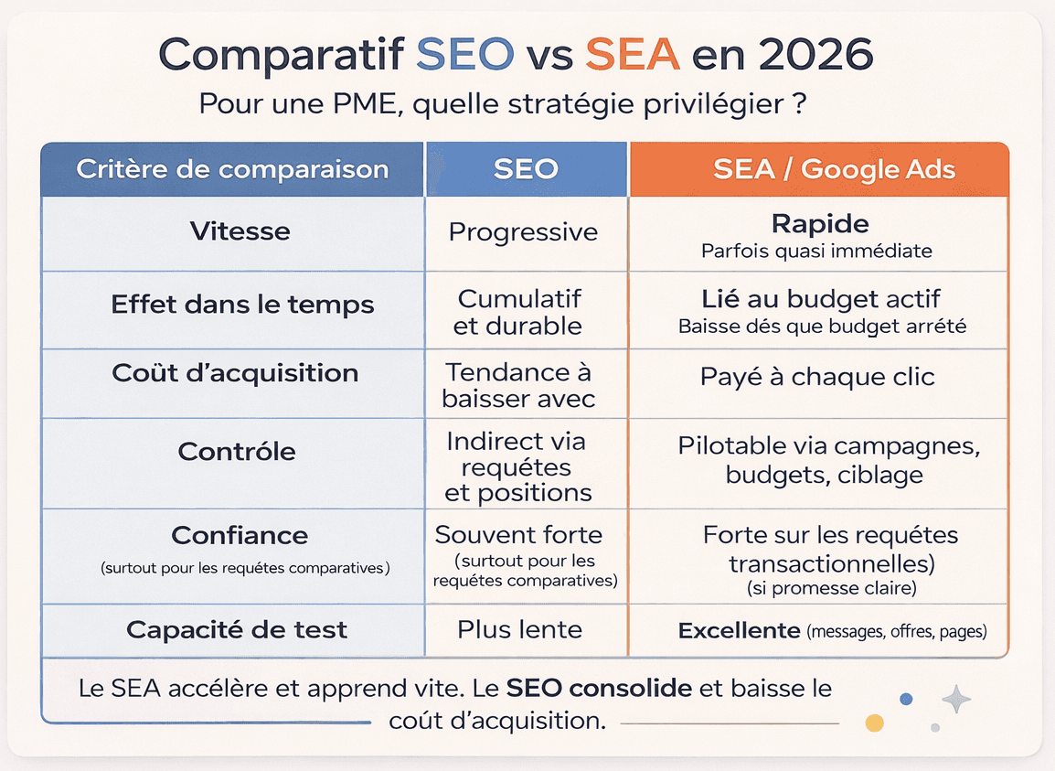 Comparatif SEO vs SEA pour une PME en 2026